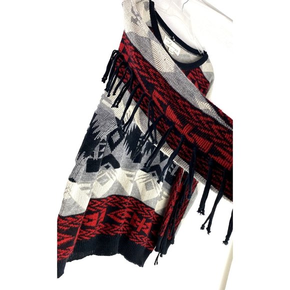 VINTAGE HAVANA Fringed Tribal Aztec Boho Sesign woman Sweater Charcoal- Red S - Picture 2 of 12